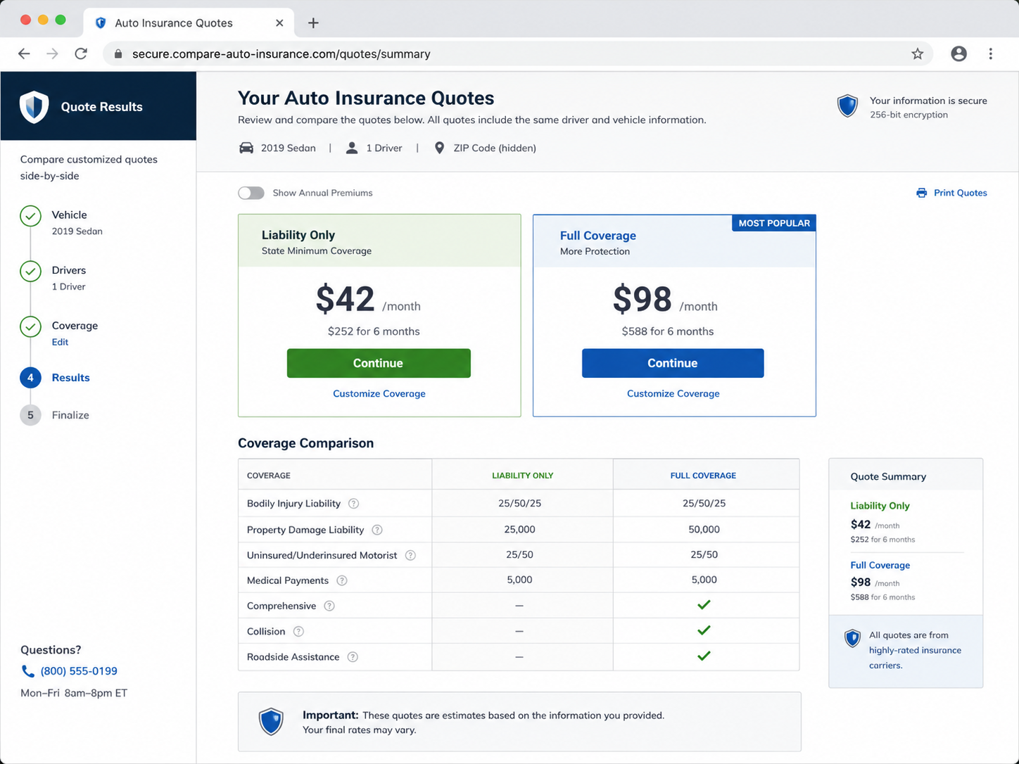 Auto insurance quote comparison showing premium difference between liability-only and full coverage options Auto insurance quote comparison showing premium difference between liability-only and full coverage options