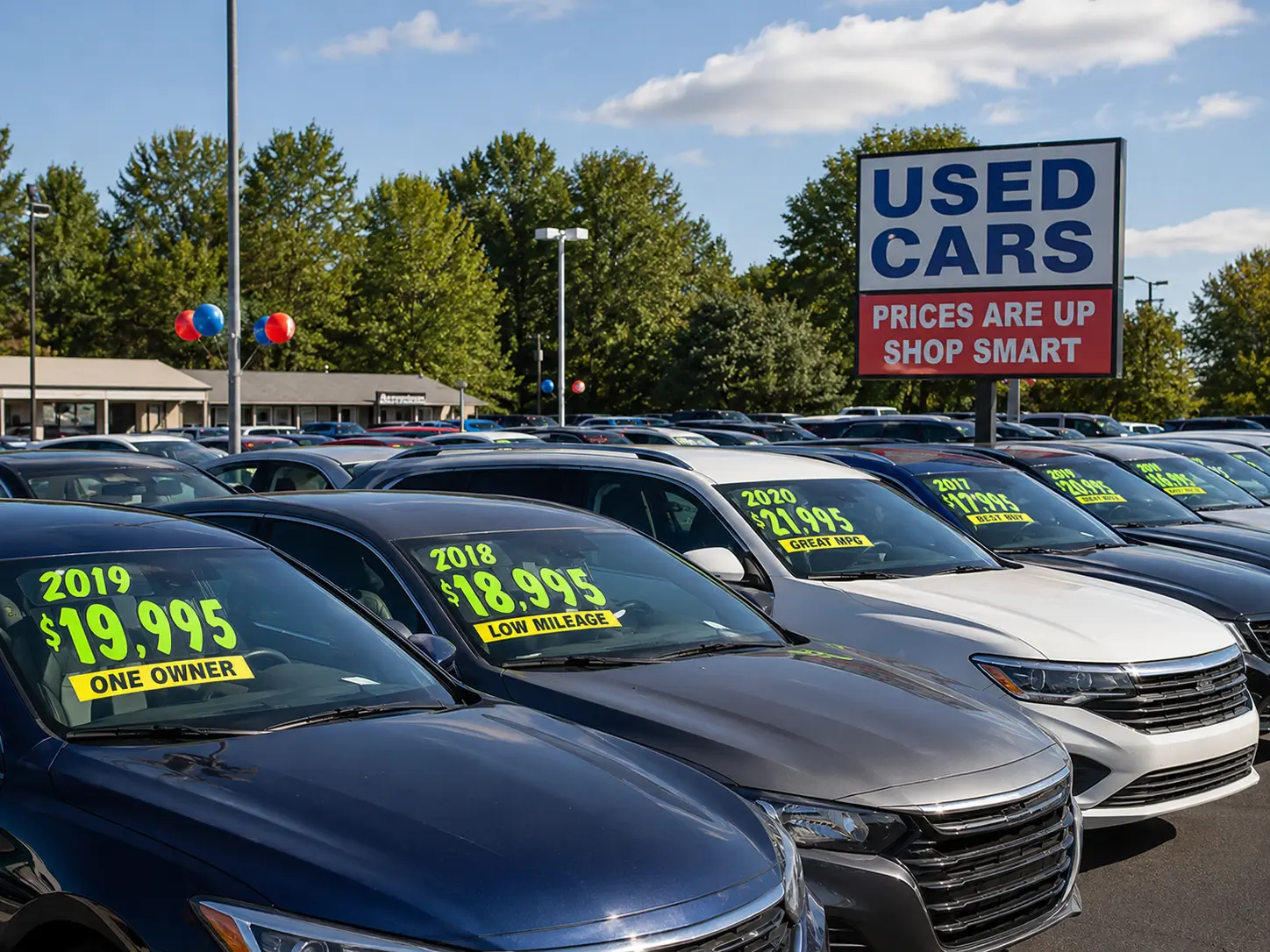 Used car lot with rows of vehicles and price signs at a dealership Used car lot with rows of vehicles and price signs at a dealership