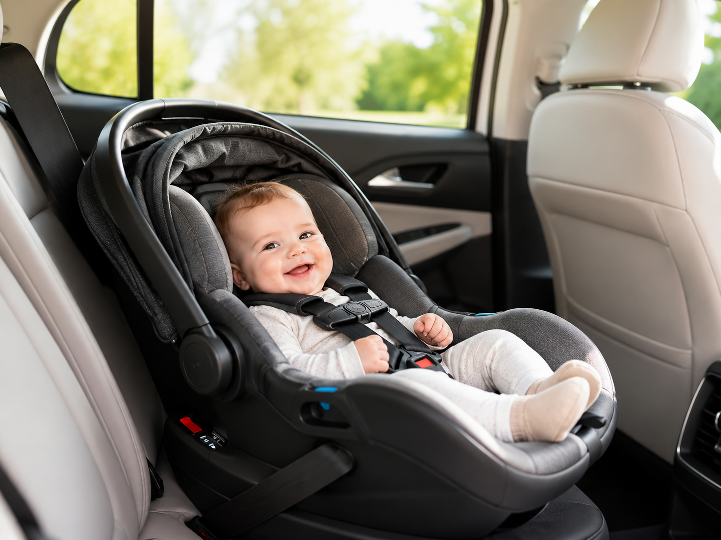 Baby properly secured in rear-facing infant car seat — car seat safety guide 2026 Baby properly secured in rear-facing infant car seat — car seat safety guide 2026