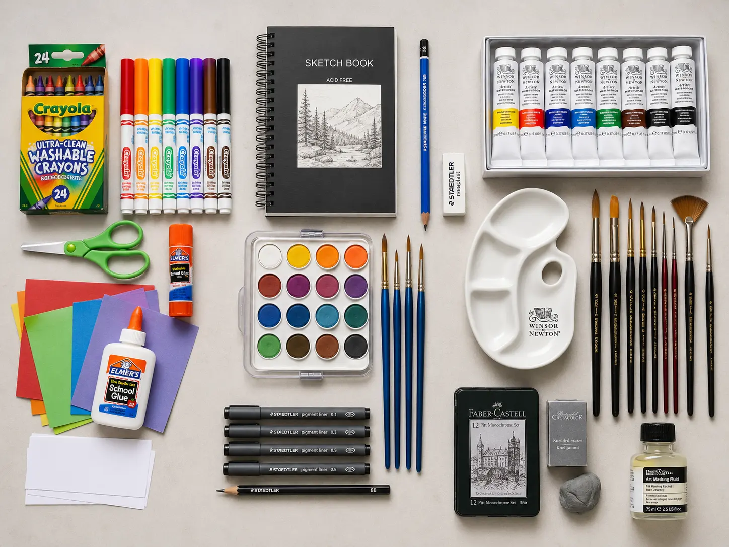 Side-by-side comparison of children's, student-grade, and professional art supplies