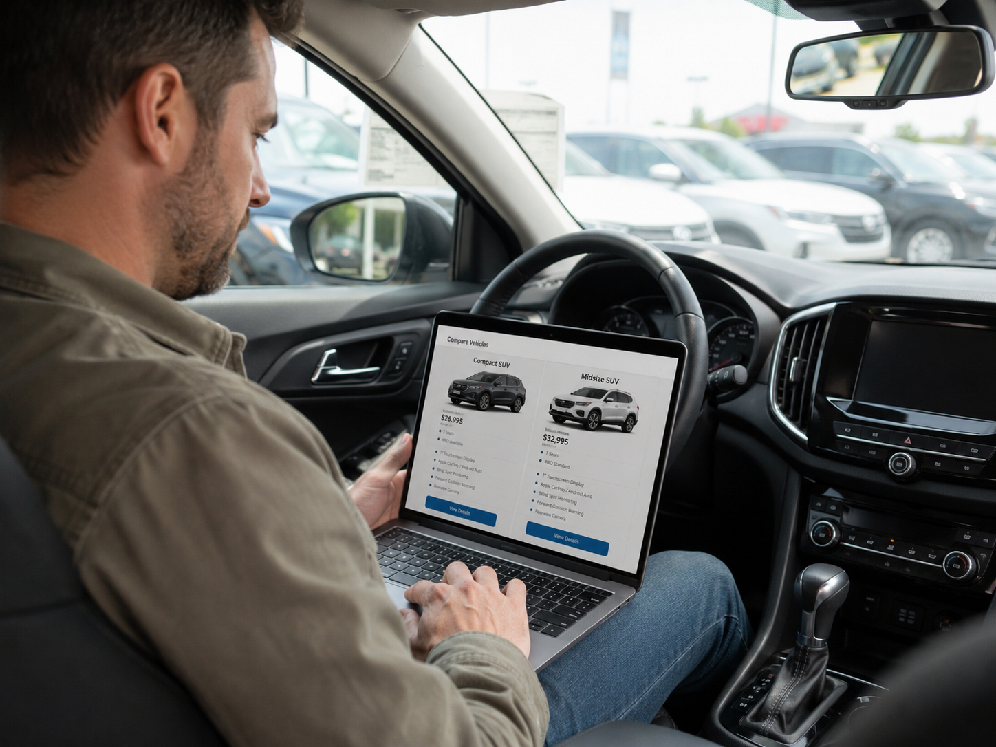 Car buyer researching vehicle options on a laptop inside a car dealership Car buyer researching vehicle options on a laptop inside a car dealership
