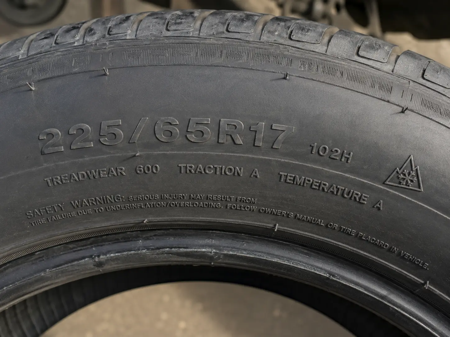Close-up of tire sidewall showing 225/65R17 size marking, UTQG treadwear rating, and 3PMSF snowflake Close-up of tire sidewall showing 225/65R17 size marking, UTQG treadwear rating, and 3PMSF snowflake