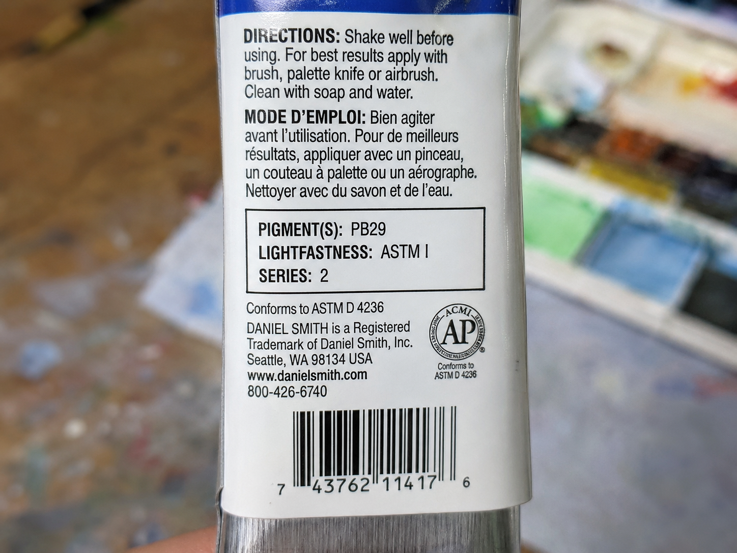 Back of a watercolor paint tube showing pigment code PB29, ASTM lightfastness rating I, and Series 2 label