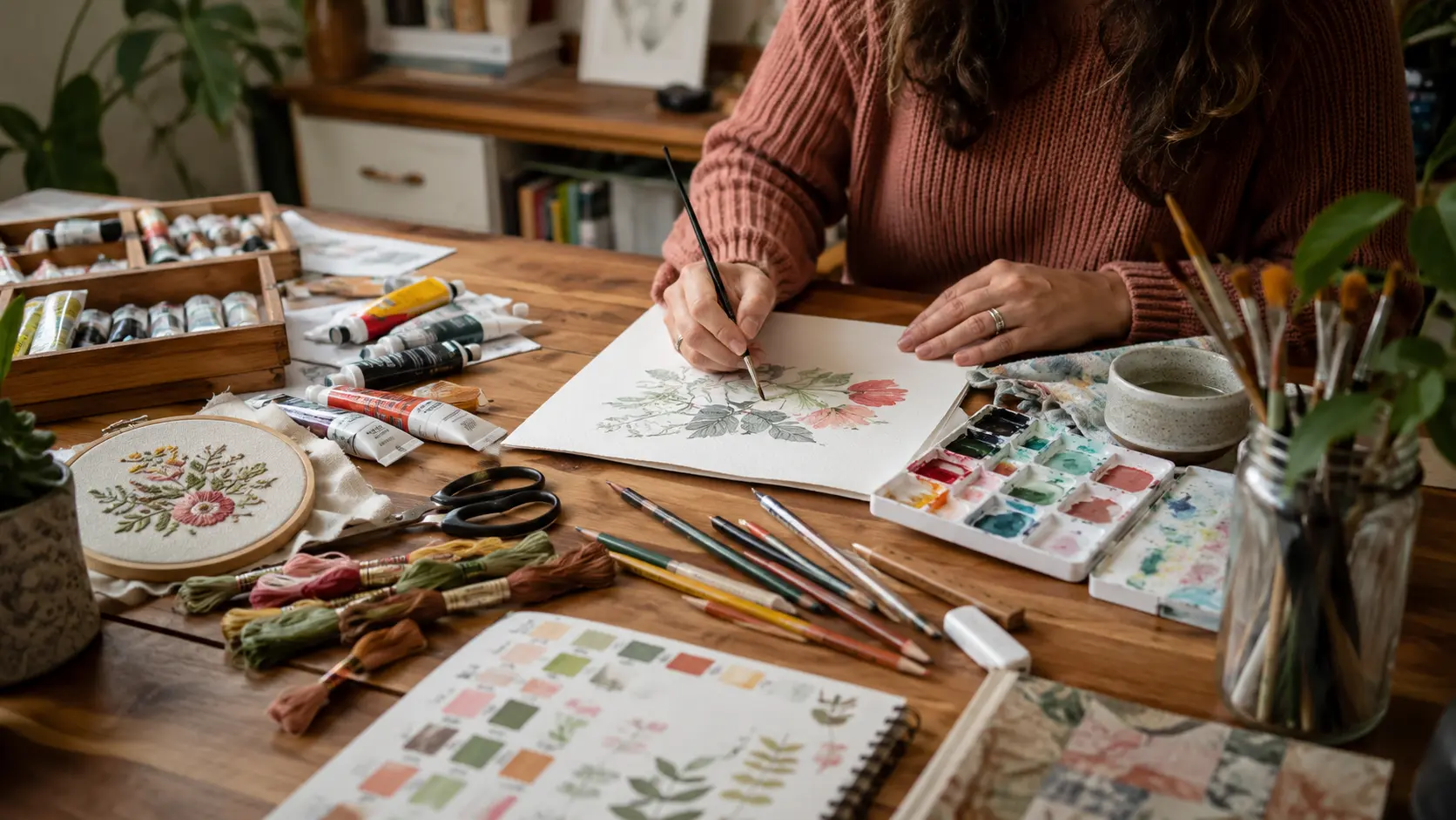 Art and craft supplies laid out on a wooden work table &mdash; paints, brushes, scissors, and paper
