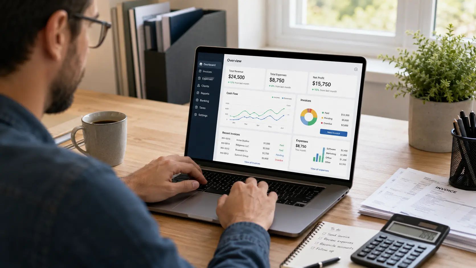 Freelancer reviewing accounting dashboard on laptop &mdash; best accounting software 2026