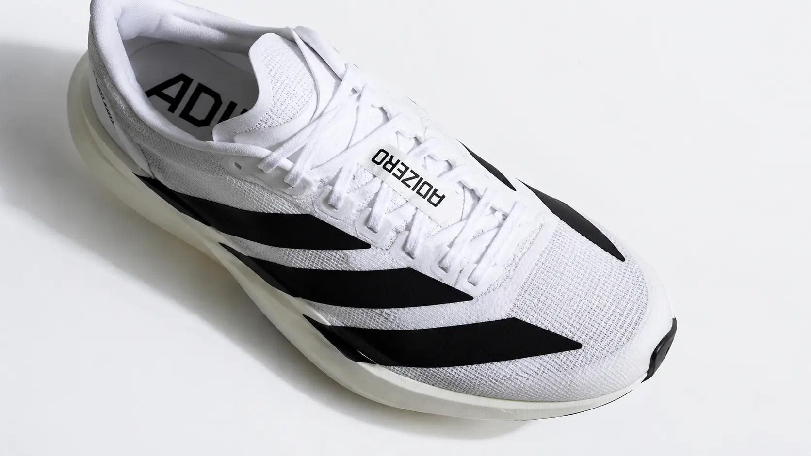 Top-down view of Adidas Adizero EVO SL showing tapered toe box for fit comparison Top-down view of Adidas Adizero EVO SL showing tapered toe box for fit comparison