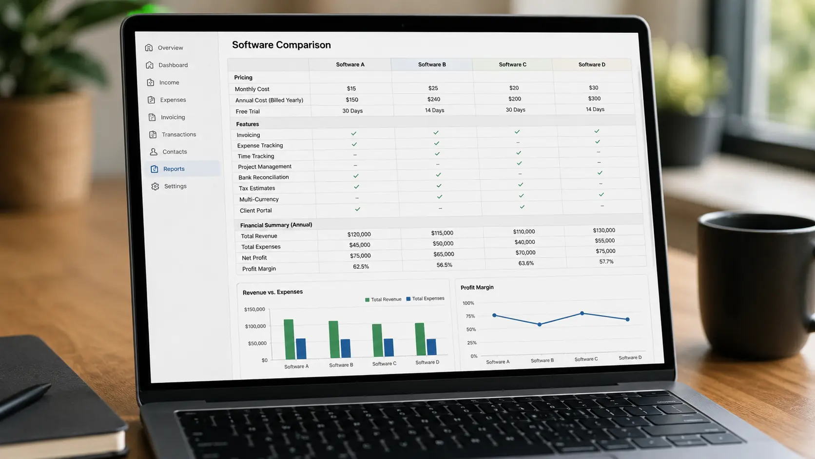 Financial dashboard comparison on laptop screen &mdash; freelance accounting software options