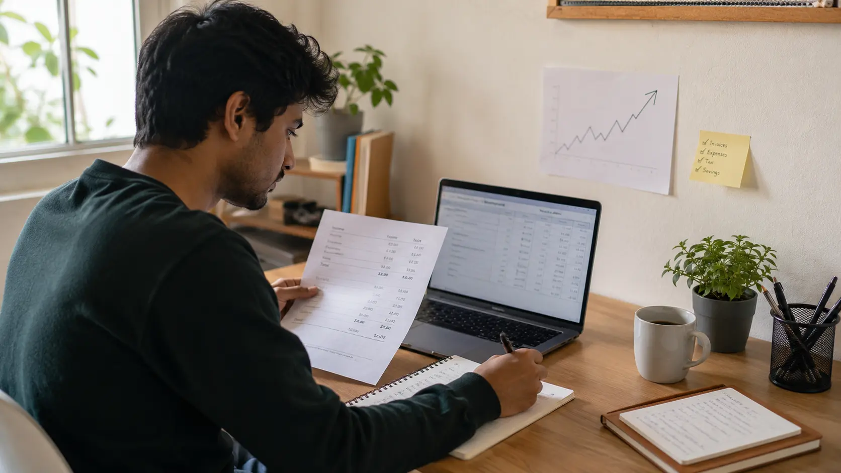 New freelancer at desk tracking income and expenses &mdash; early stage bookkeeping