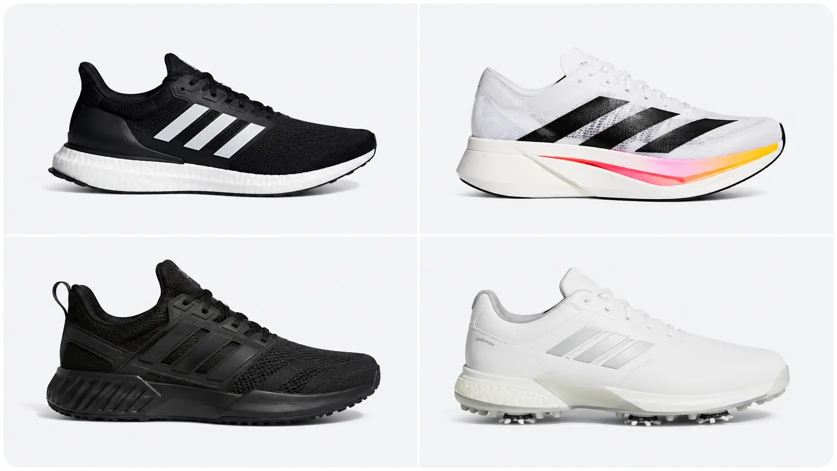 Adidas shoe comparison collage showing running, racing, training and golf shoes for different use cases Adidas shoe comparison collage showing running, racing, training and golf shoes for different use cases